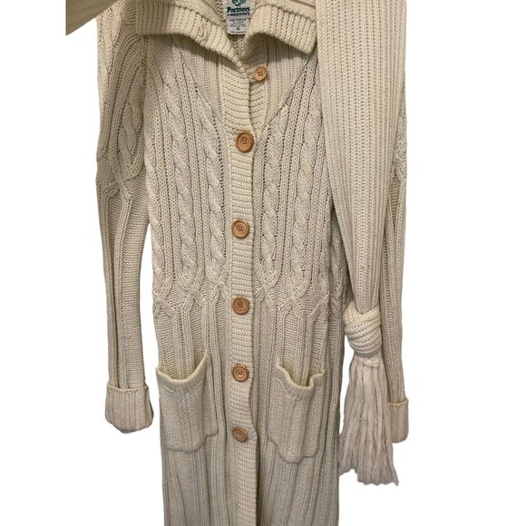 Vintage Partners Hippy Women Med  Beige Sweater Maxi Coat Long Cable Knit Scarf - Picture 3 of 5